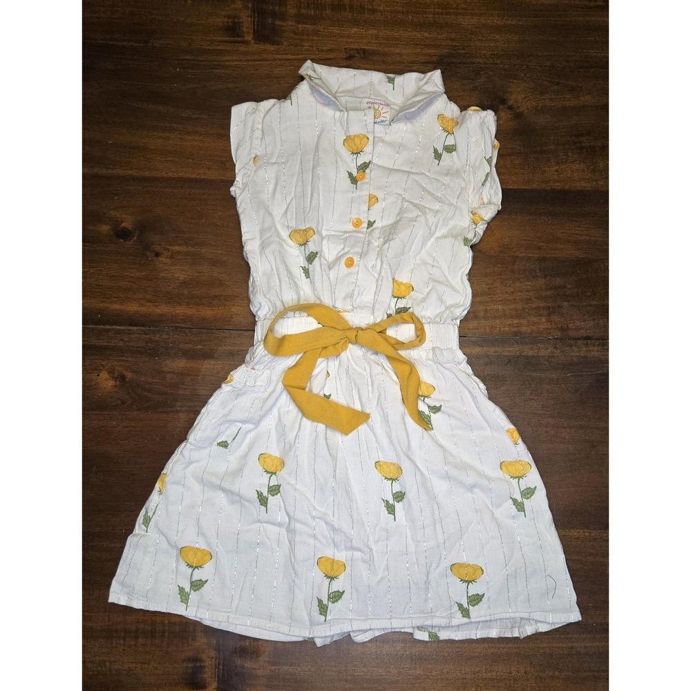Peppermint Summer Party Girls Large Dress Yellow/White Print Lined‎ Tie Waist